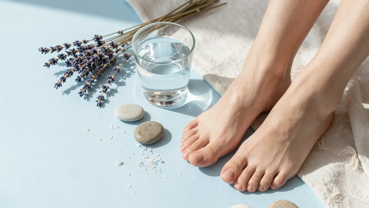 Pies relajados sobre piedras con agua y lavanda, simbolizando bienestar y desintoxicación.