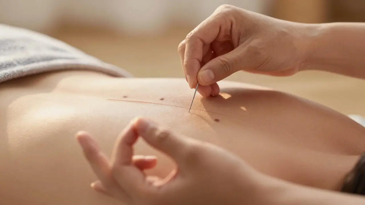Primer plano de aguja de acupuntura y gesto de mano de yoga bajo luz cálida