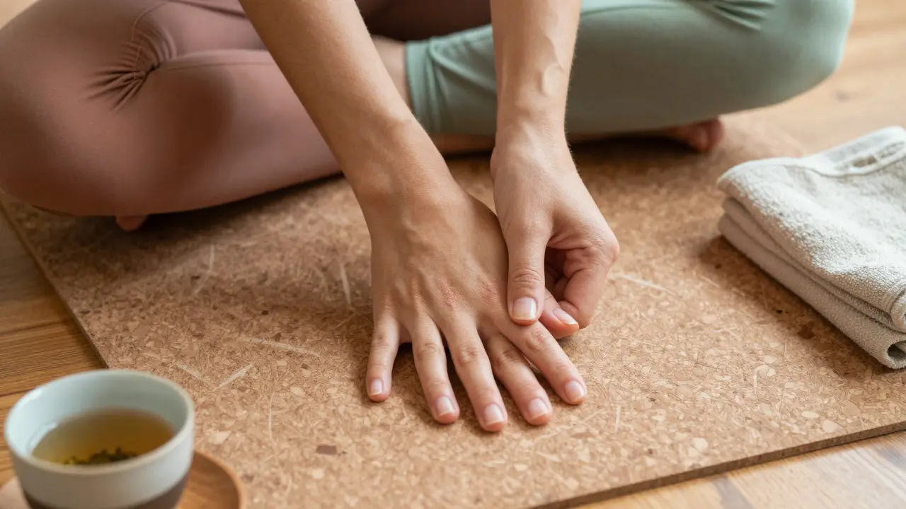 Primer plano de manos aplicando acupresión en la esterilla de yoga en casa