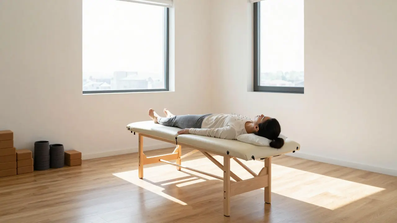 Sala minimalista de tratamiento con paciente en mesa y agujas insertadas