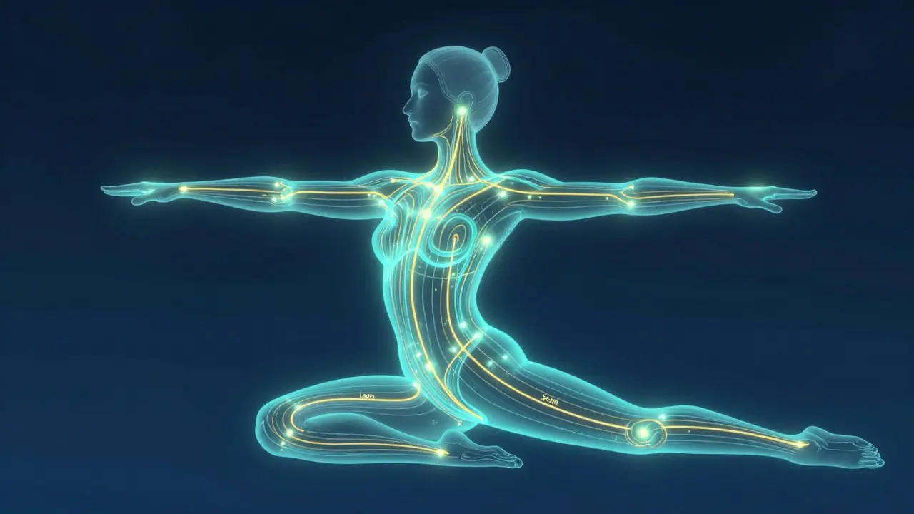 Silueta humana con líneas de energía brillante fluyendo por el cuerpo