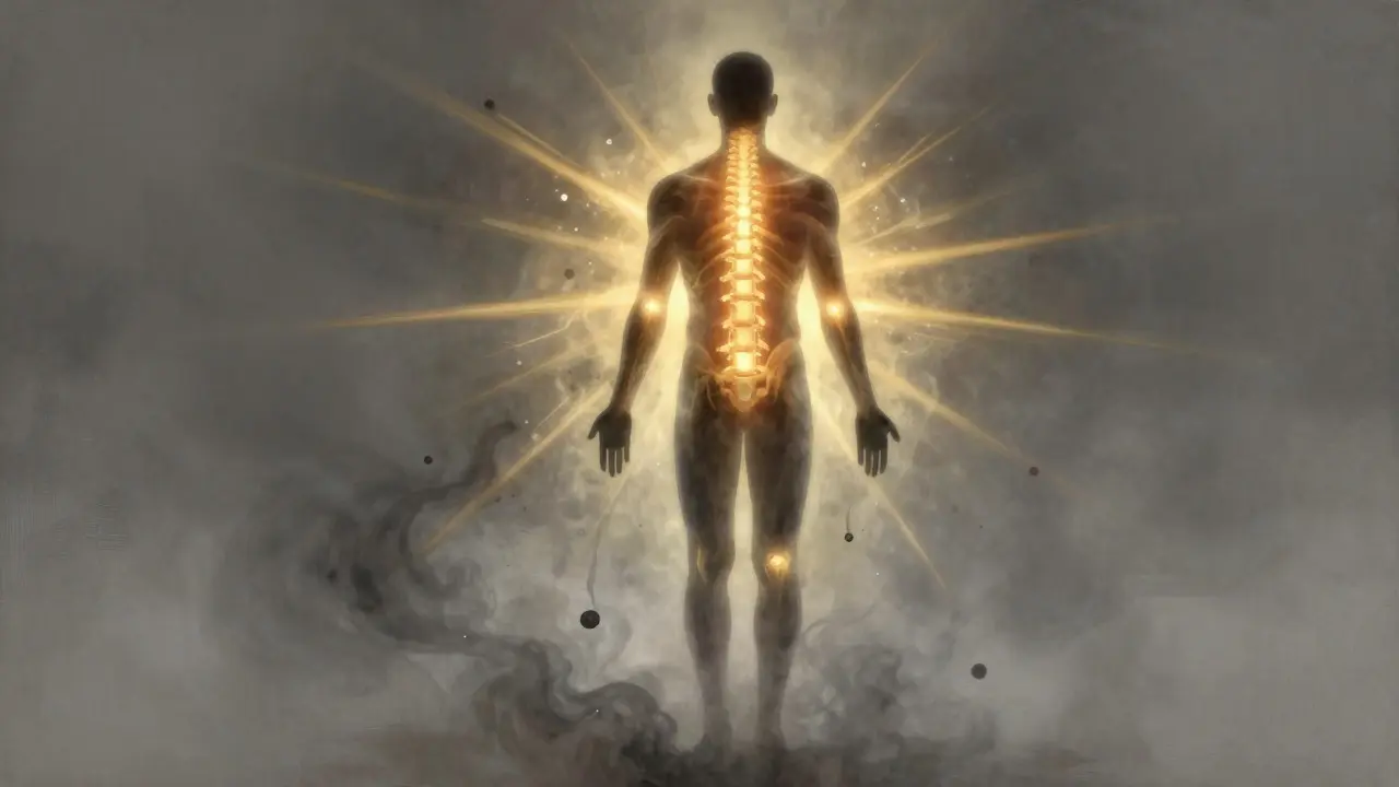 Silueta humana con luz dorada simbolizando alivio del dolor
