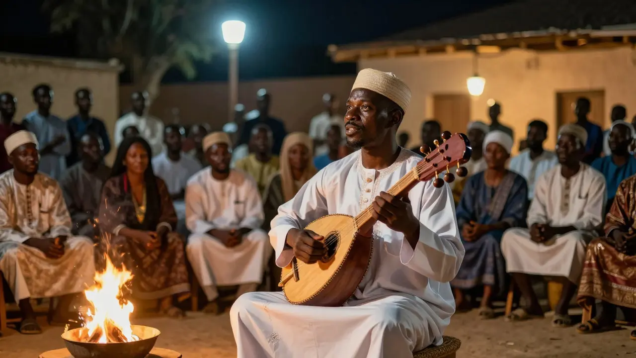 Un griot africano tocando música tradicional ante una audiencia en una plaza nocturna.