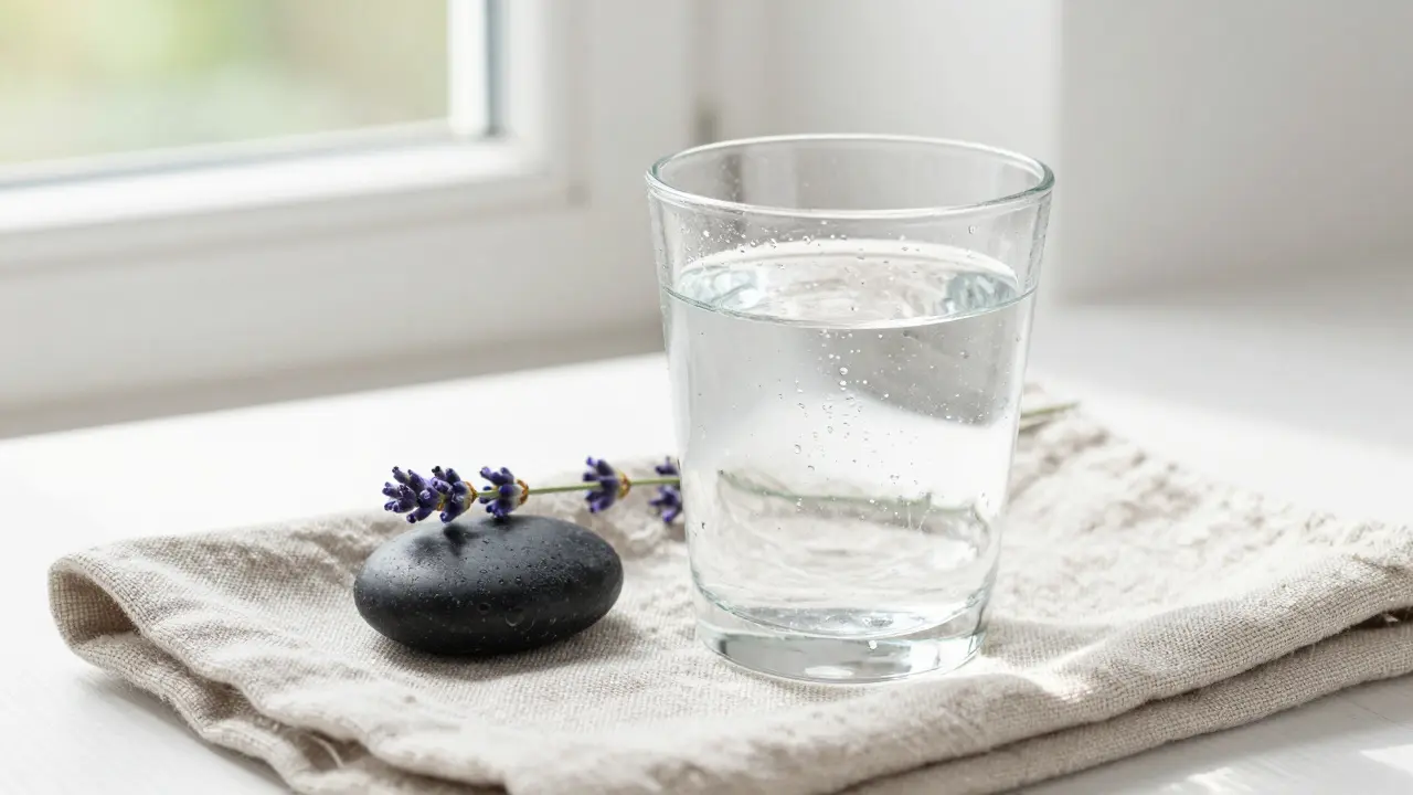 Vaso de agua y piedra negra sobre toalla de lino, simbolizando hidratación y descanso