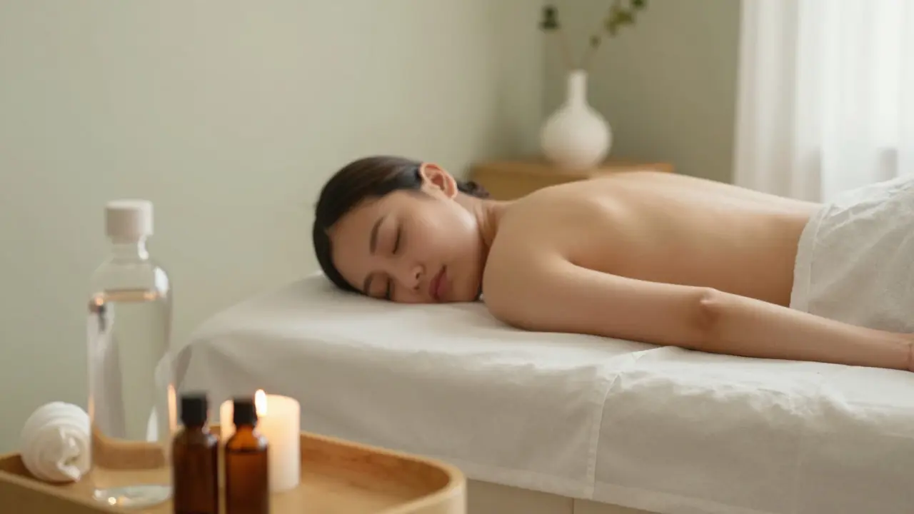 Ambiente sereno de spa con agua y aceites para el cuidado posterior al tratamiento.
