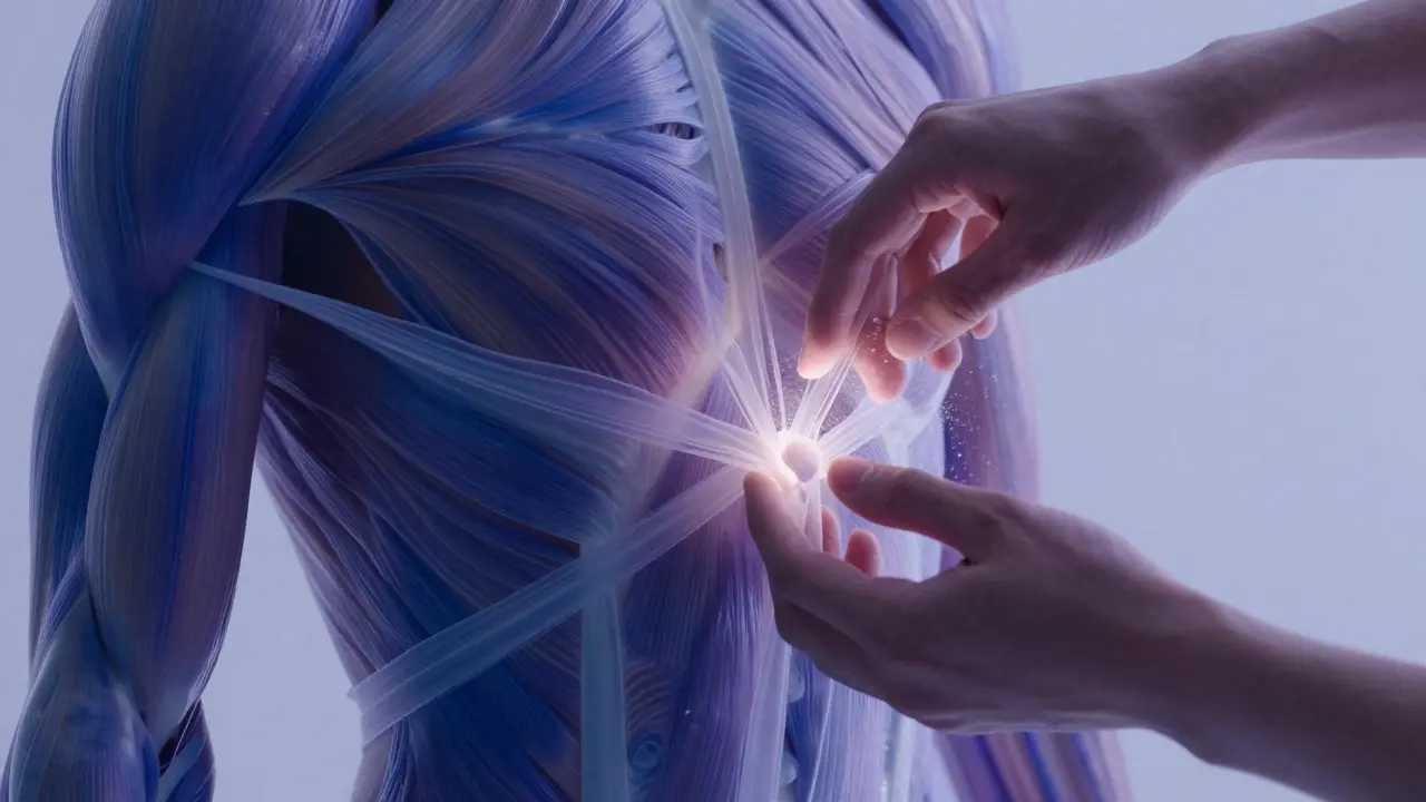 Arte abstracto de fascia liberando tensión emocional en tonos azules