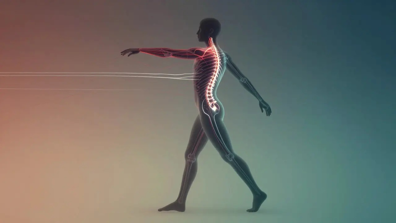 Conceptual illustration of a human silhouette with glowing lines showing restored posture