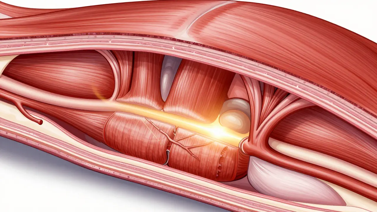 Ilustración conceptual de tejido muscular sanando y mejorando la circulación.