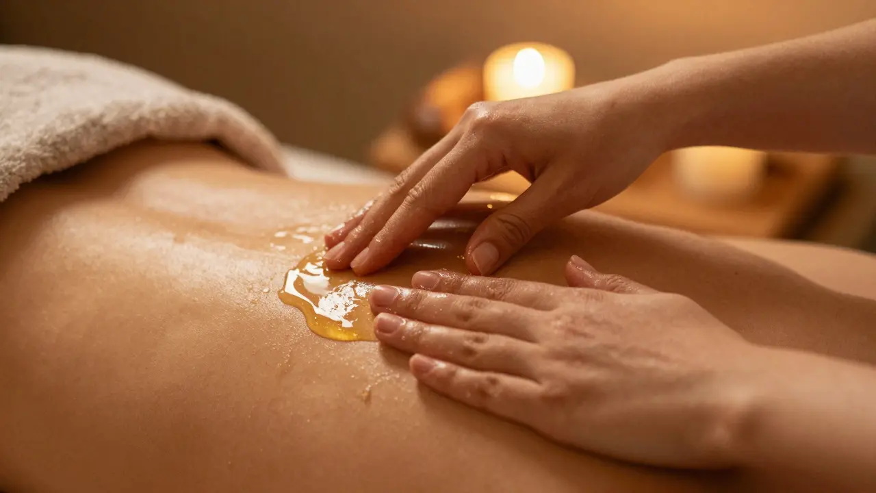 Manos aplicando aceite dorado en piel con luz cálida y textura suave