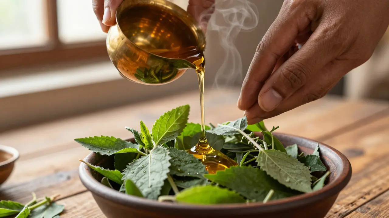 Manos vertiendo aceite herbal tibio sobre hierbas frescas en un cuenco de cerámica