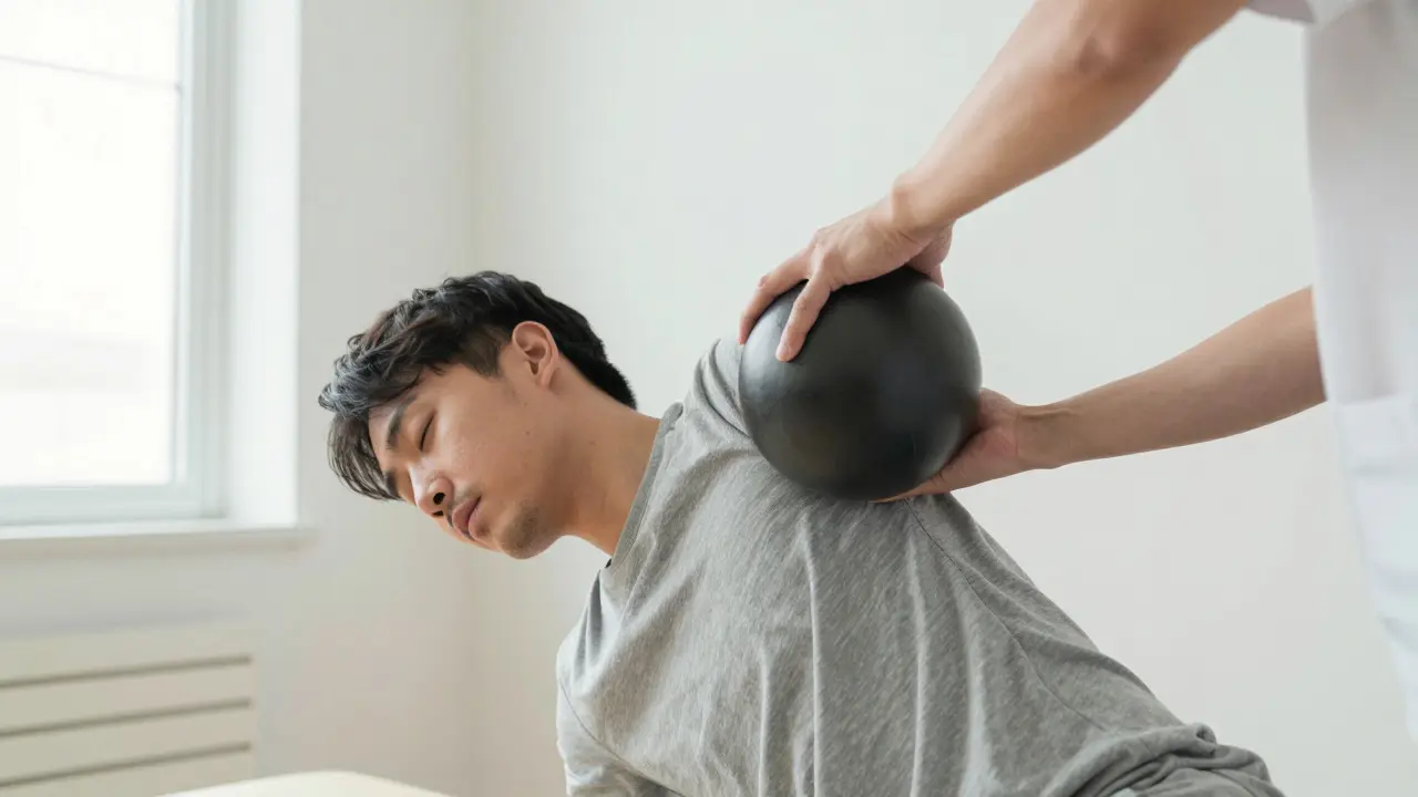 Person using a lacrosse ball against a wall for self-massage in a bright room