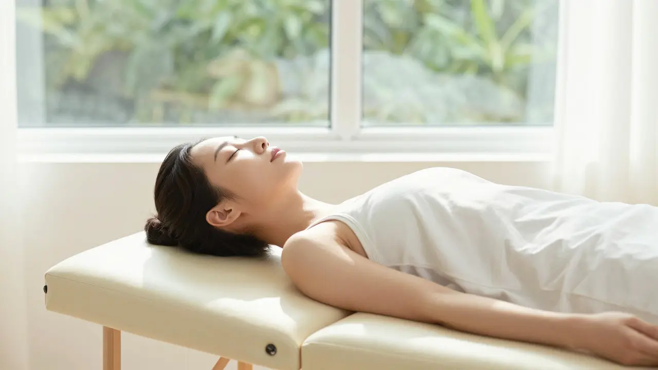 Persona relajada en mesa de terapia bajo luz natural tranquila