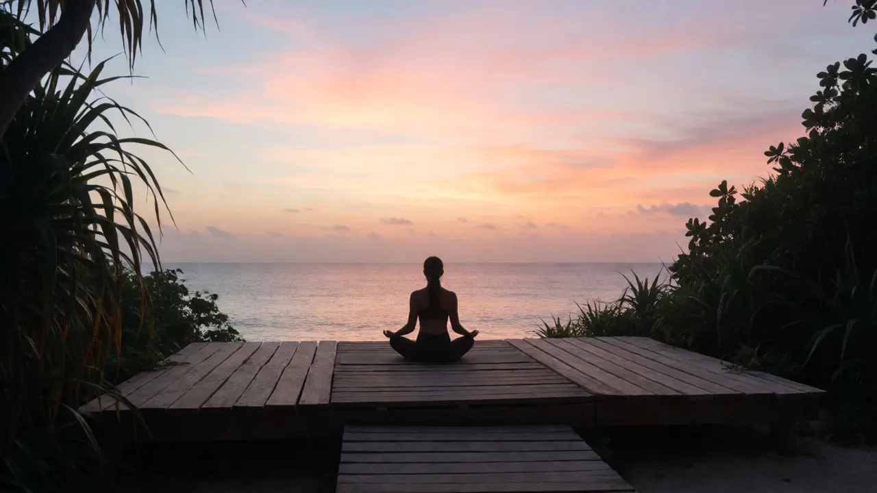 Práctica de yoga al amanecer frente al mar en una plataforma de madera rústica