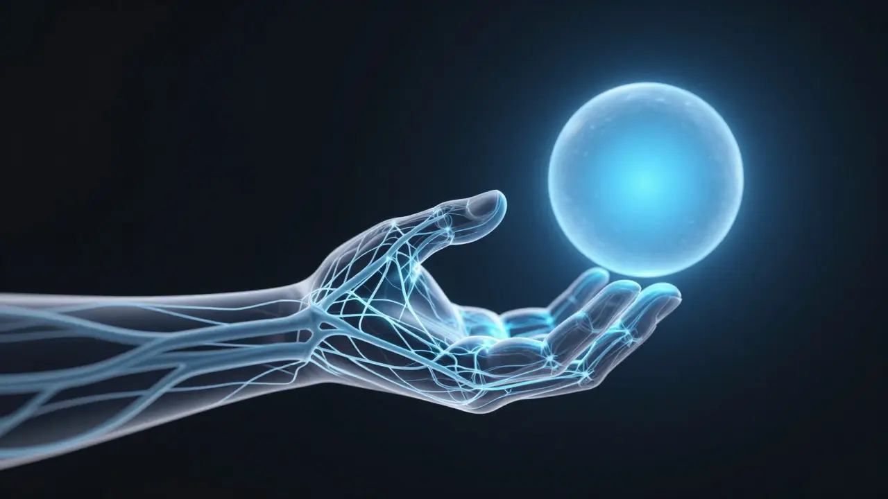 Red neuronal brillante conectada a una mano que libera tensión emocional