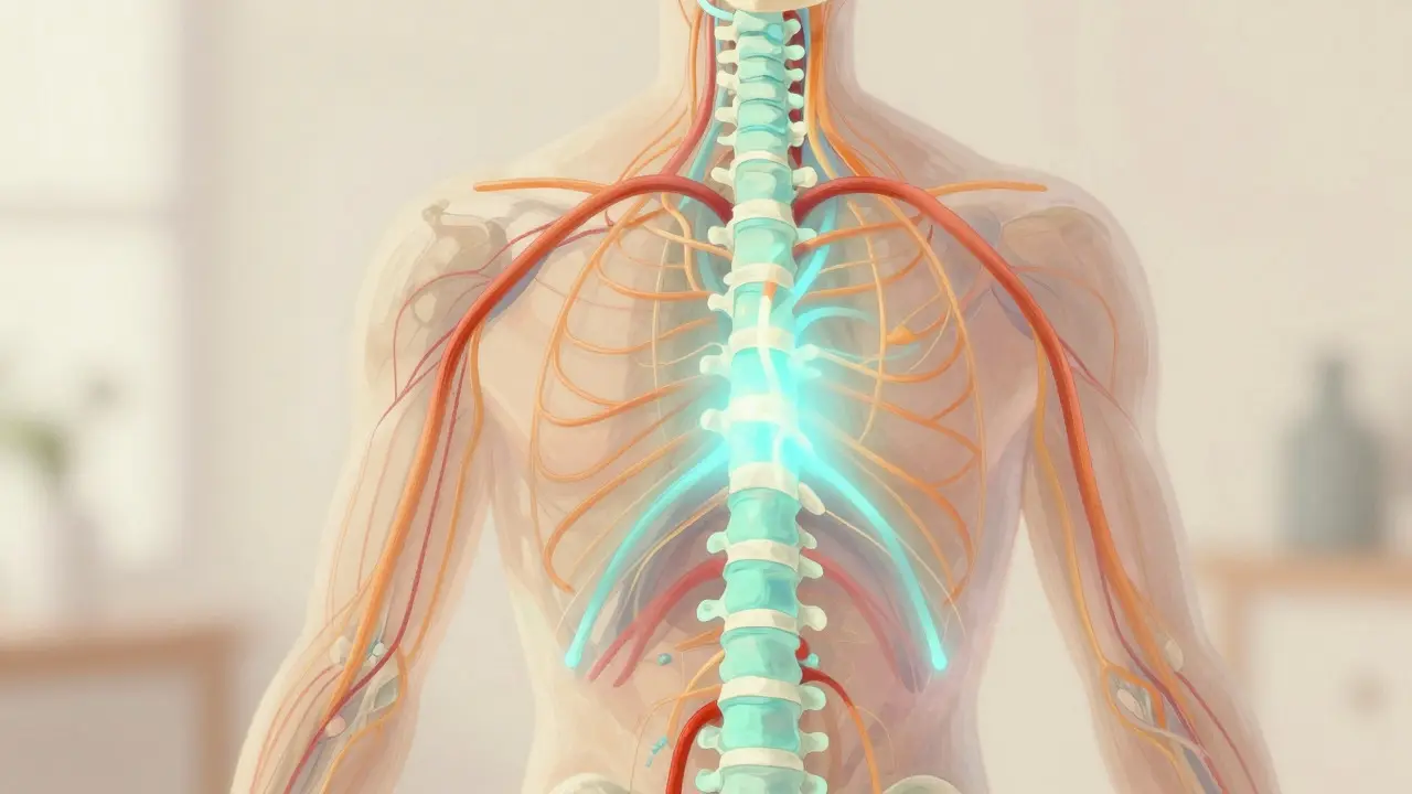 Representación artística del sistema linfático y nervioso iluminado por la terapia