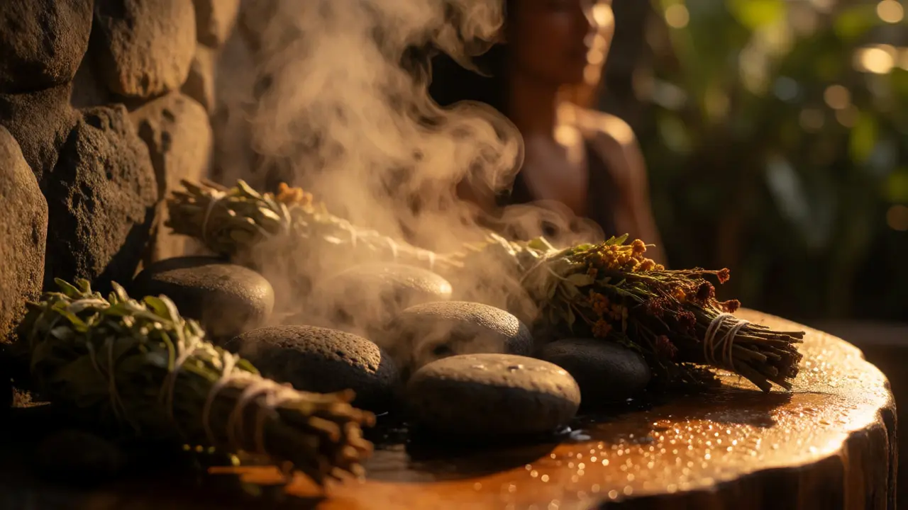 Vapor herbal y piedras volcánicas en un ritual temazcal tradicional maya