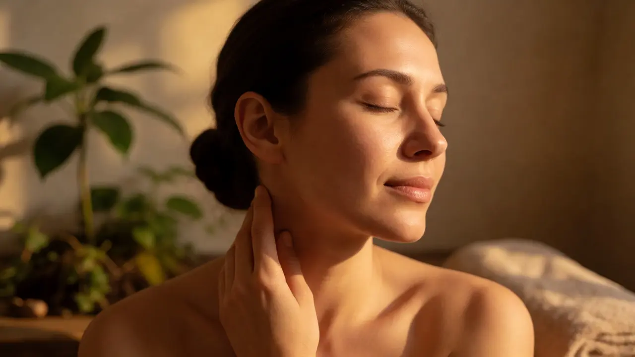 Mujer relajada y radiante tocando su cuello tras completar su rutina de Gua Sha facial.