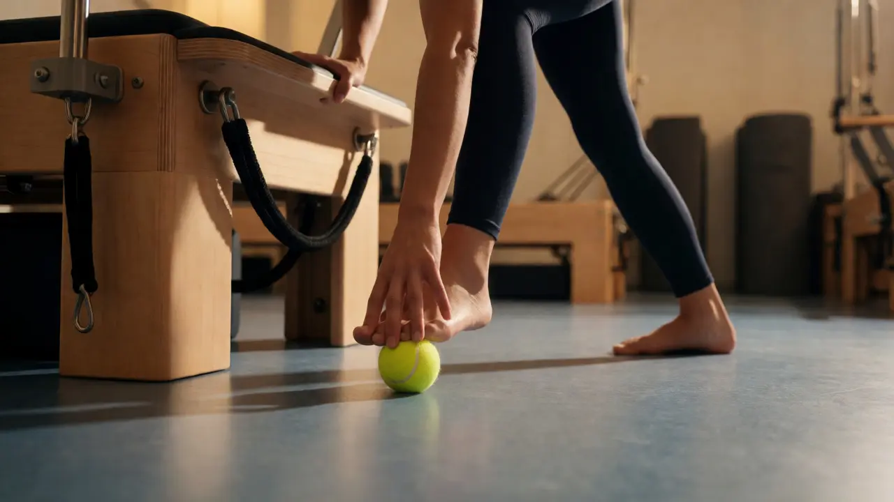 Persona liberando tensión plantar con una pelota de tenis cerca de un reformer de Pilates.
