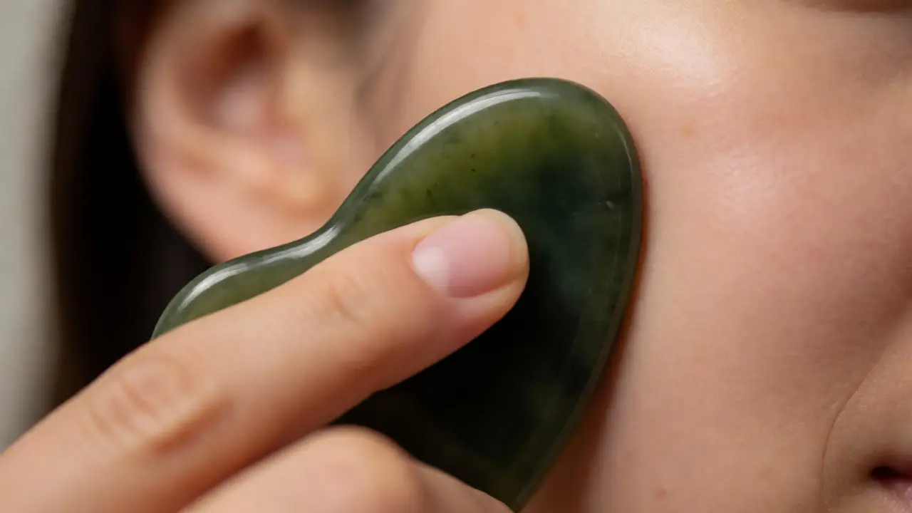 Primer plano de una piedra Gua Sha deslizándose sobre la mejilla con aceite facial.